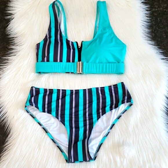 New Highwaisted Stiped Print Bikini Set Swimsuit - Picture 4 of 8